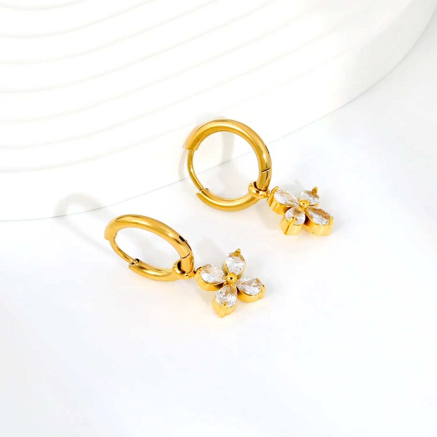 B2B Supplier Four Leaf Marquise CZ Flower Charm Drop Hoop Earrings Factory