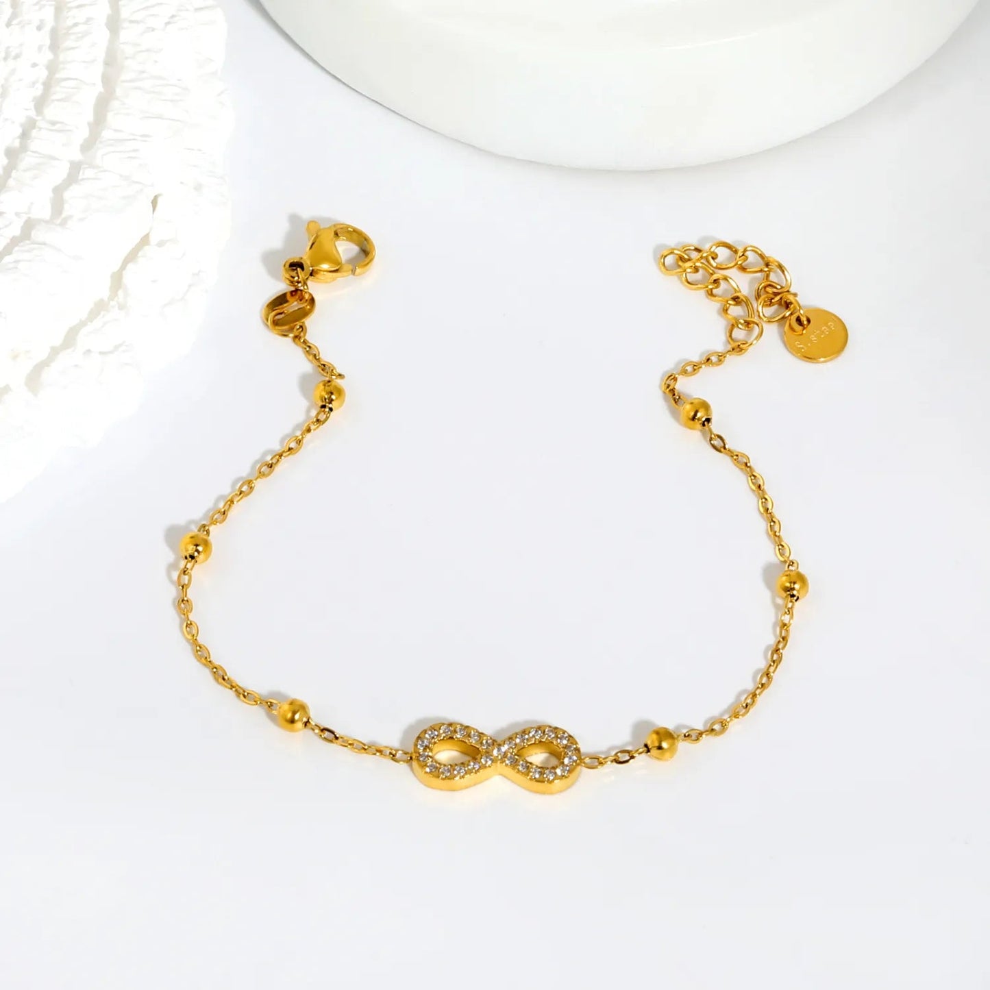 Full Pave CZ Infinity Symbol Station Bead Cable Bracelet 304L Stainless Steel