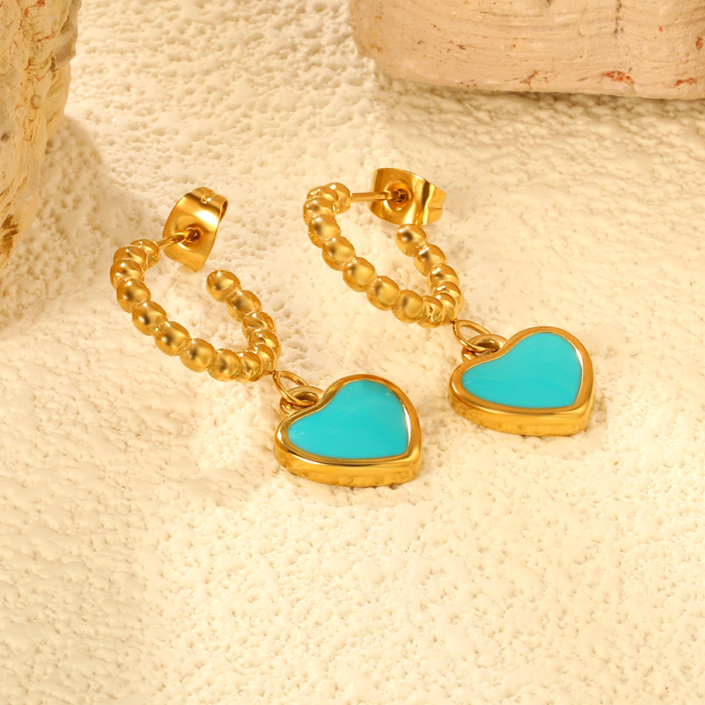 Golden blue oil drop peach heart + semi-circular steel bead stud earrings jewelry supplier