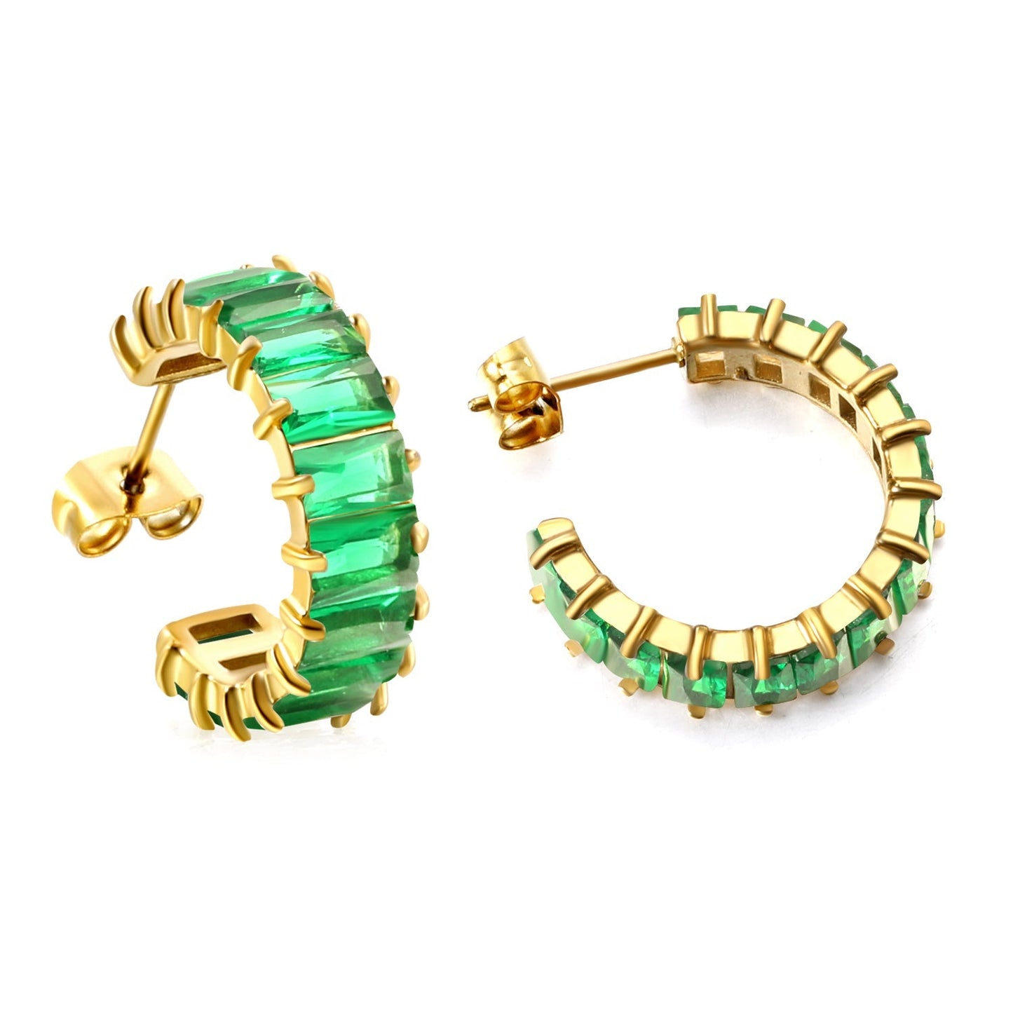 Vintage Green Baguette Cut Zircon Channel Set C-Shape Stud Earrings
