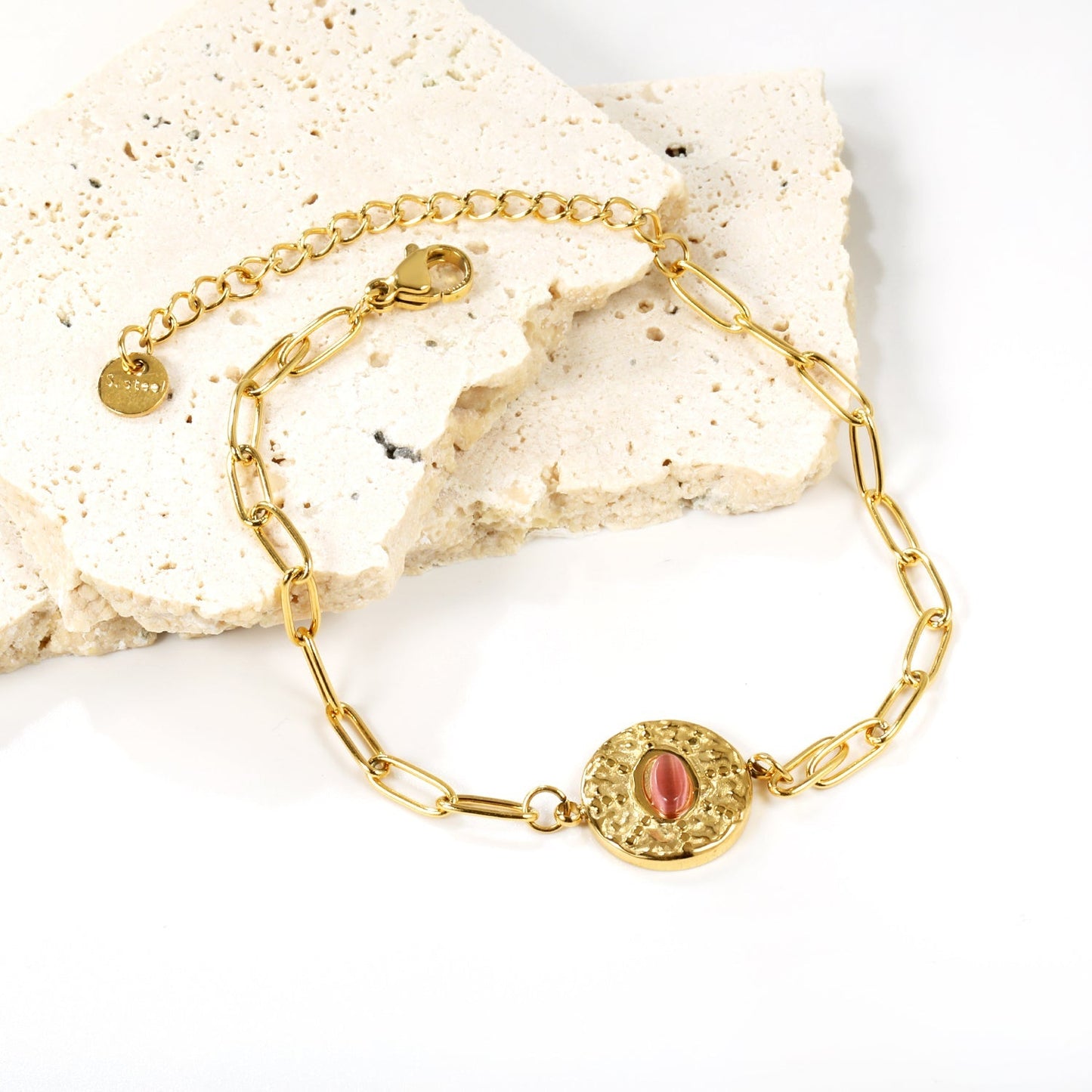 Waterproof 18K Gold Plated Oval Pink Gemstone Hammered Disc Bracelet