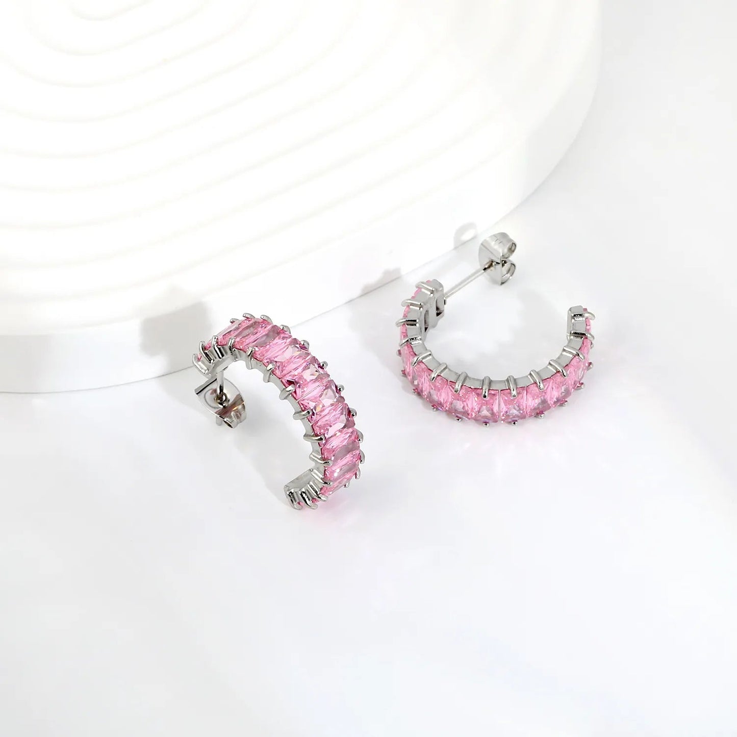 Hypoallergenic 304L Steel 6.8mm Width Pastel Pink Rectangle Stone Hoop Earrings