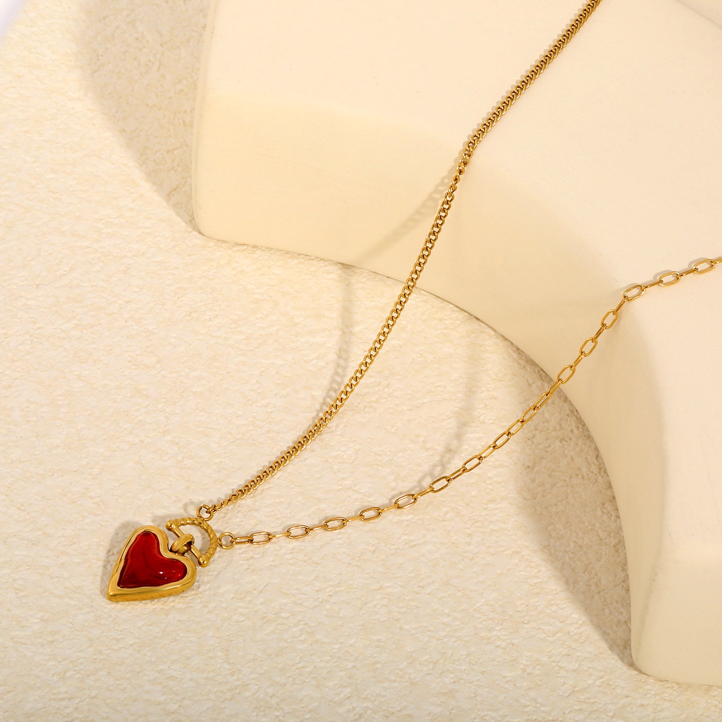 Edgy Asymmetrical Mixed Chain Meets Romantic Red Glass Heart Charm