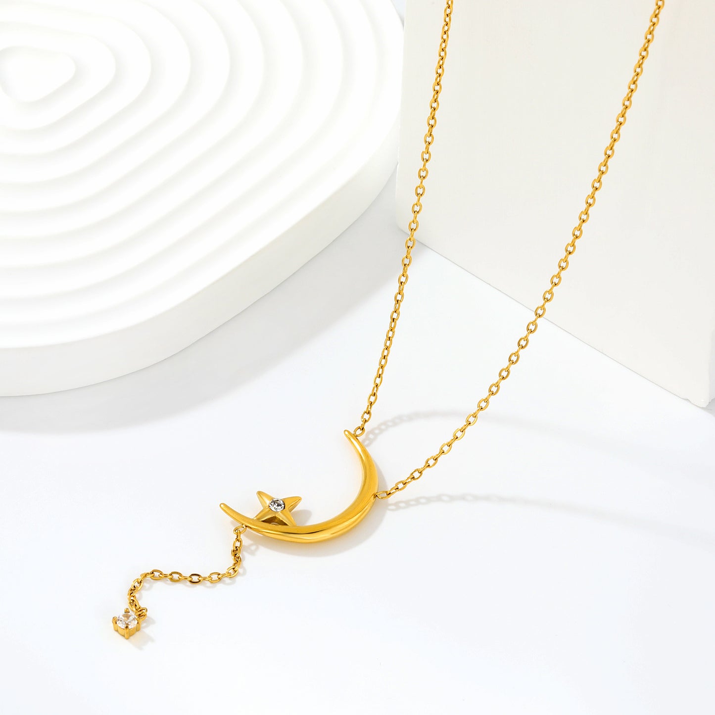 Crescent Moon Star CZ Drop Lariat Y-Necklace in Stainless Steel