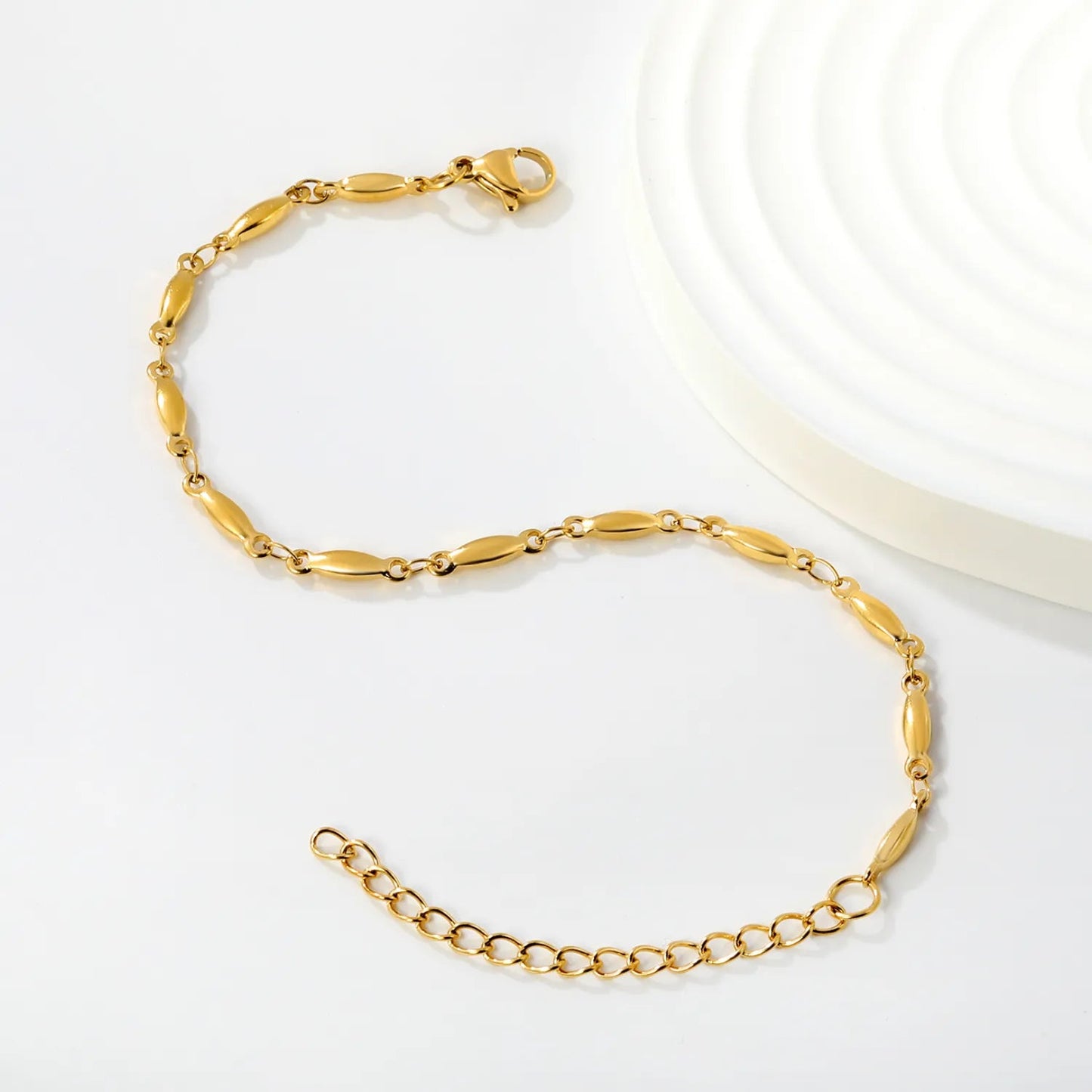Minimalist Olive Rice Bead Station Chain Bracelet in 304L Stainless Steel