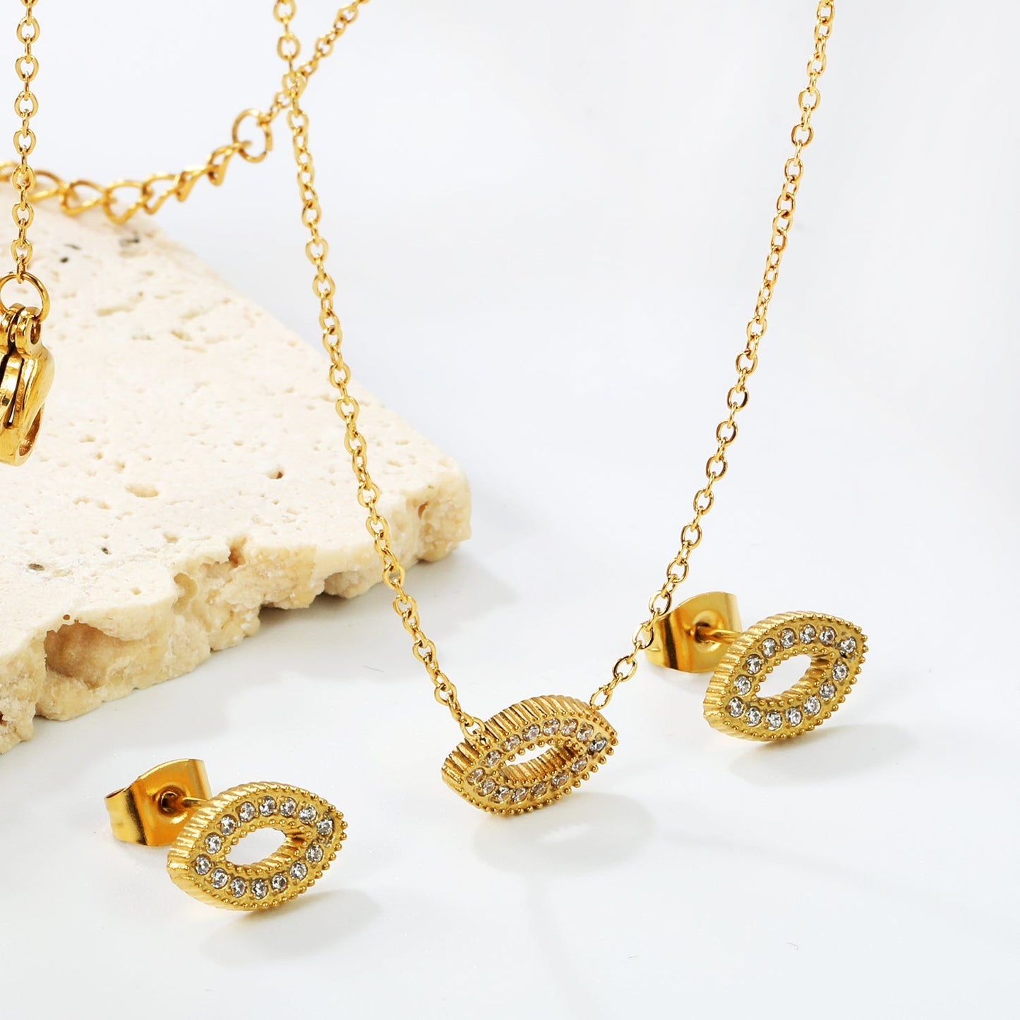 Pave CZ Pig Nose Pendant Cable Chain Necklace and Earrings Set