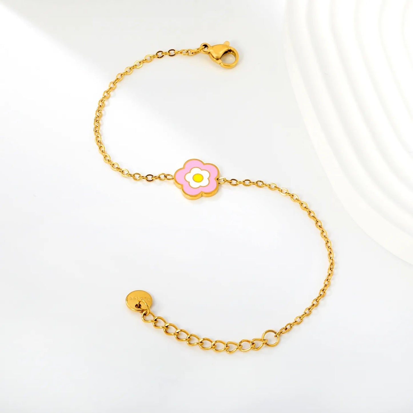 Bulk 11mm pink enamel flower pendant kids delicate bracelet 304L
