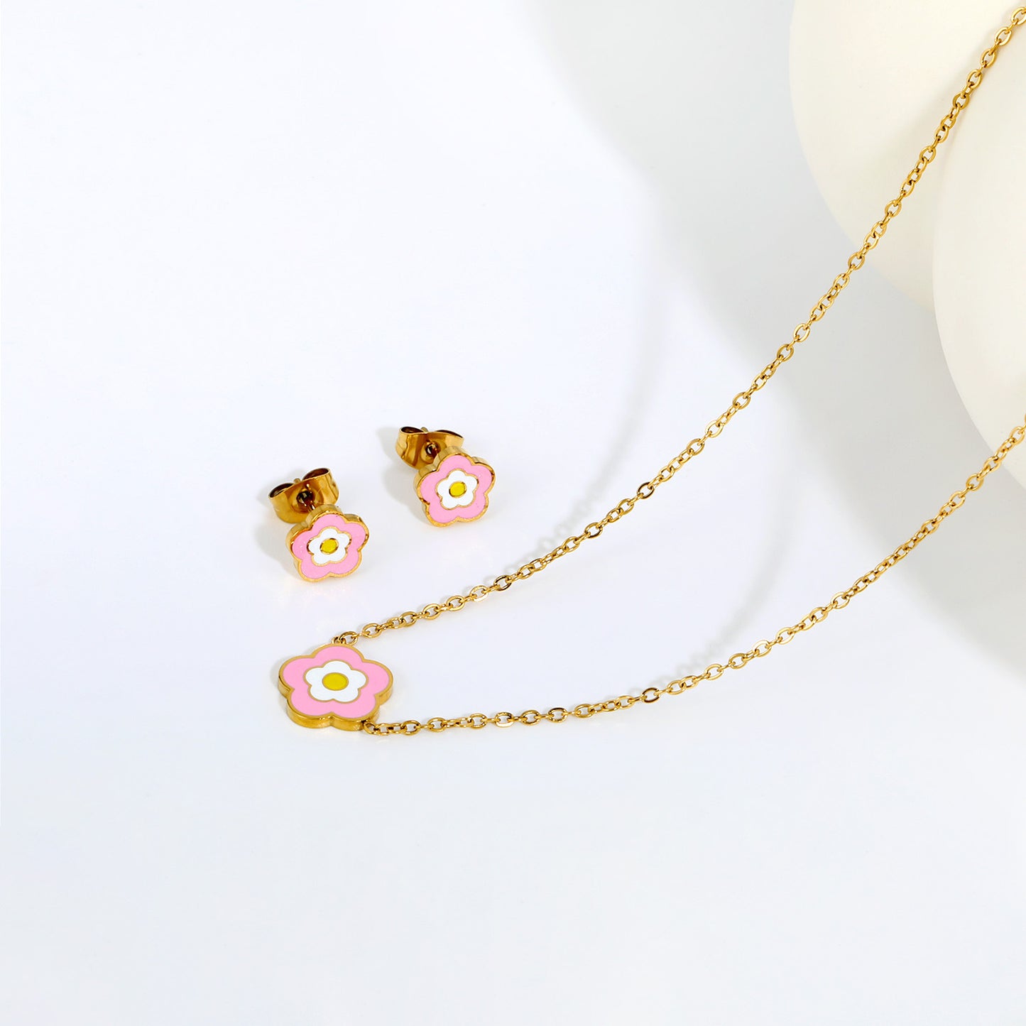 Dainty Enamel 5-Petal Flower Pendant Necklace and Stud Earrings Set