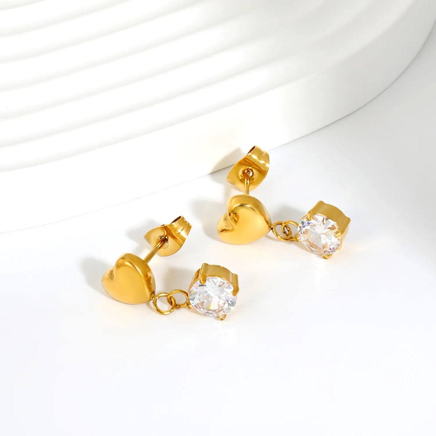 18K PVD Gold Plated Round Solitaire Diamond Charm Earrings Non-Tarnish