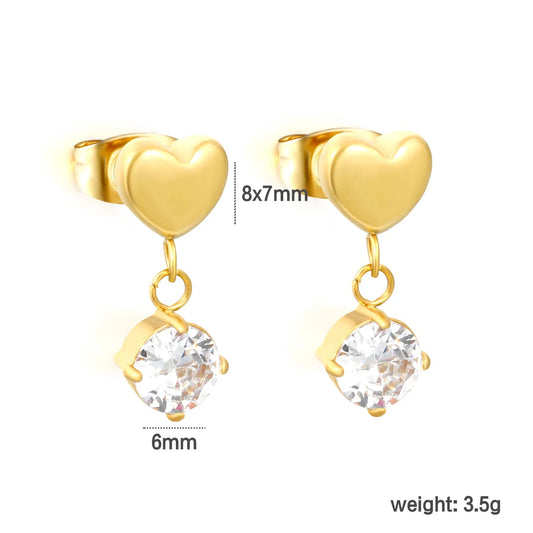 18K PVD Gold Plated Round Solitaire Diamond Charm Earrings Non-Tarnish