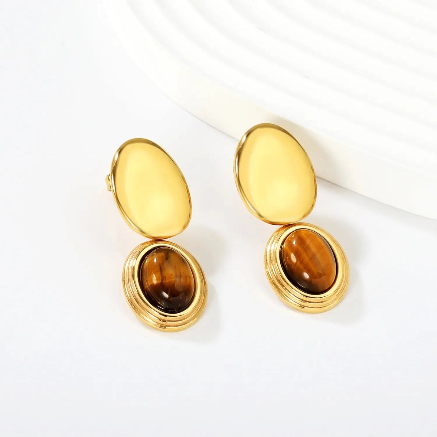 Wholesale Waterproof PVD Gold Double-Layer Tiger Eye Studs