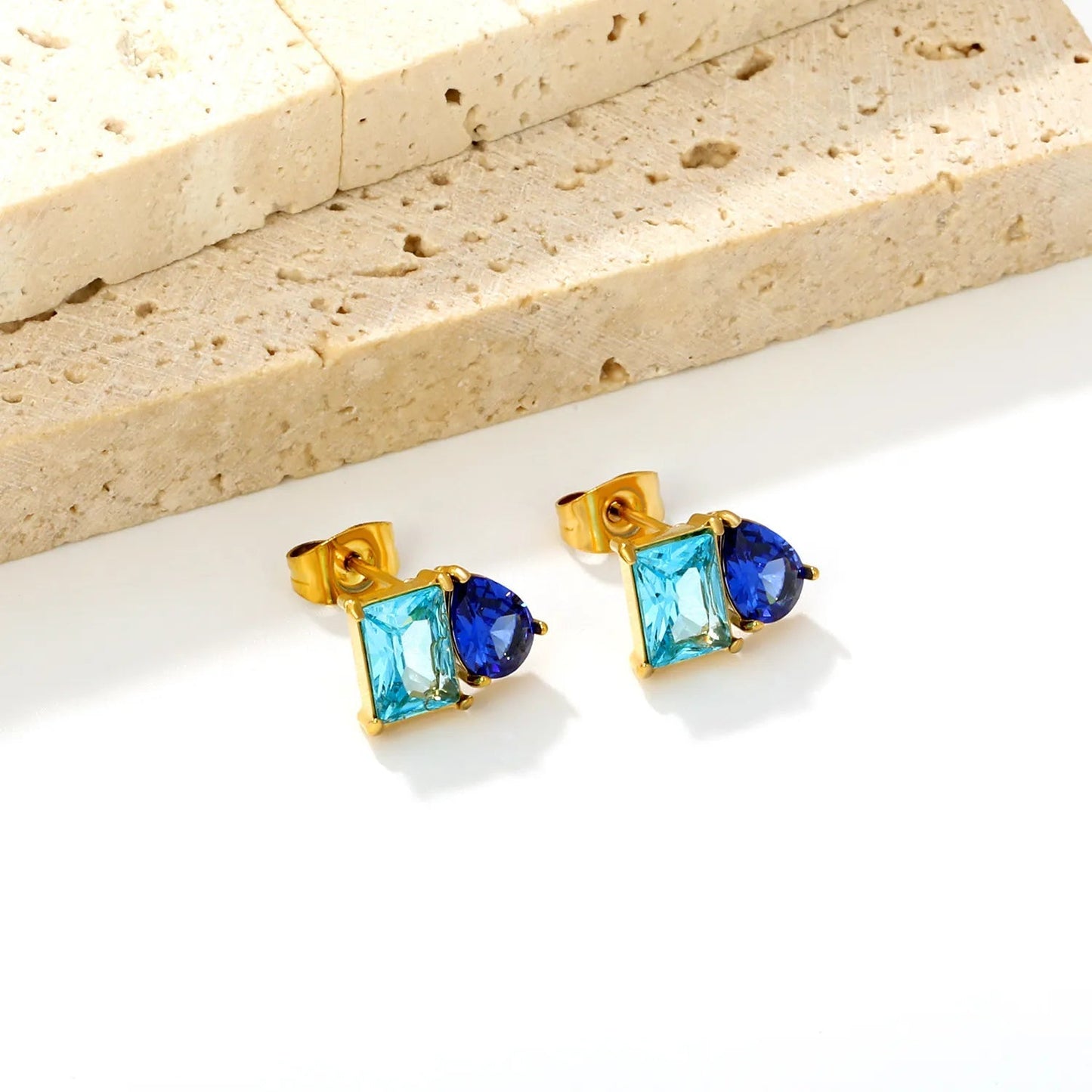 Colorblock Two Stone CZ Stud Earrings Mint Blue Emerald Cut Deep Teal Pear Drop Gold Earrings