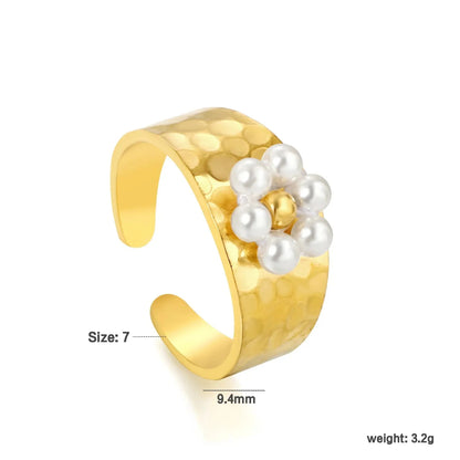 Pearl Crystal Flower Ring Set 304L Stainless Steel Gold Adjustable