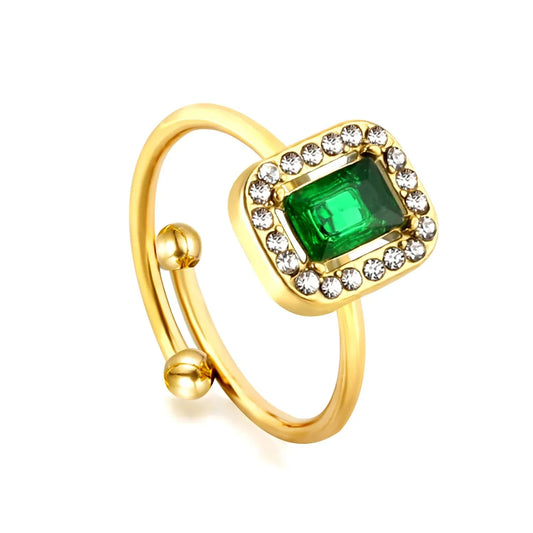 Luxury Emerald Green Zircon Halo Ring Stainless Steel Waterproof