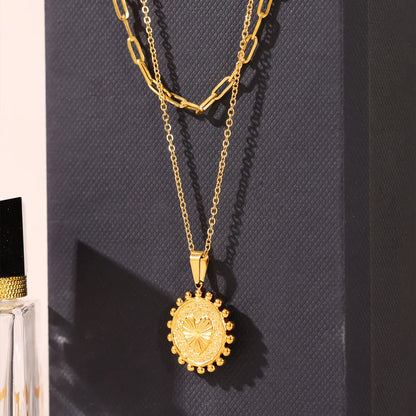 Bulk PVD Gold Relief-Textured Sun Medallion Layered Necklace