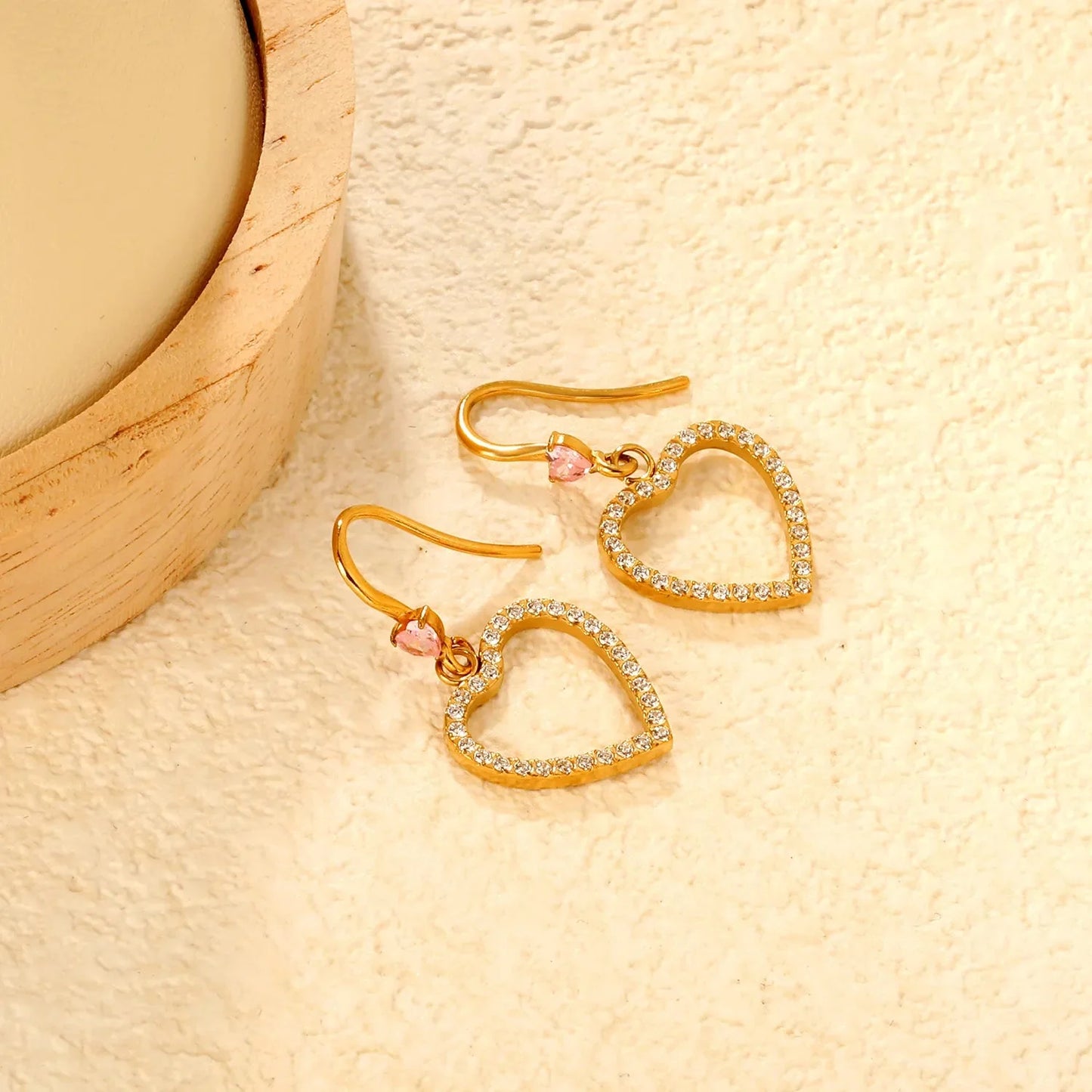 Romantic Stainless Steel Heart Earrings | Gold Hollow Dangle Hook