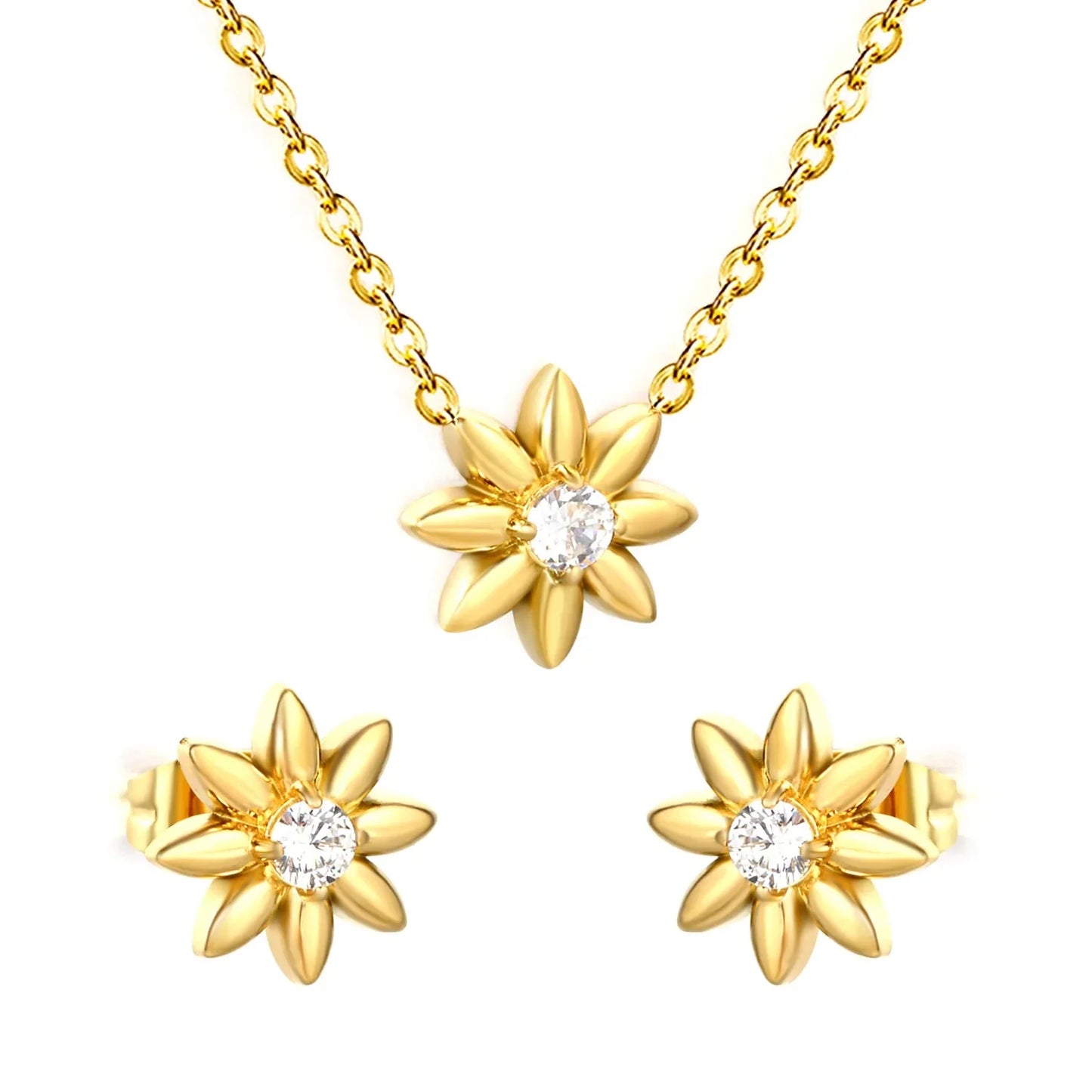 Everyday Gold Flower Jewelry Set 304L Steel CZ Pendant Necklace & Earrings