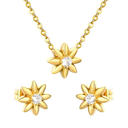 Everyday Gold Flower Jewelry Set 304L Steel CZ Pendant Necklace & Earrings