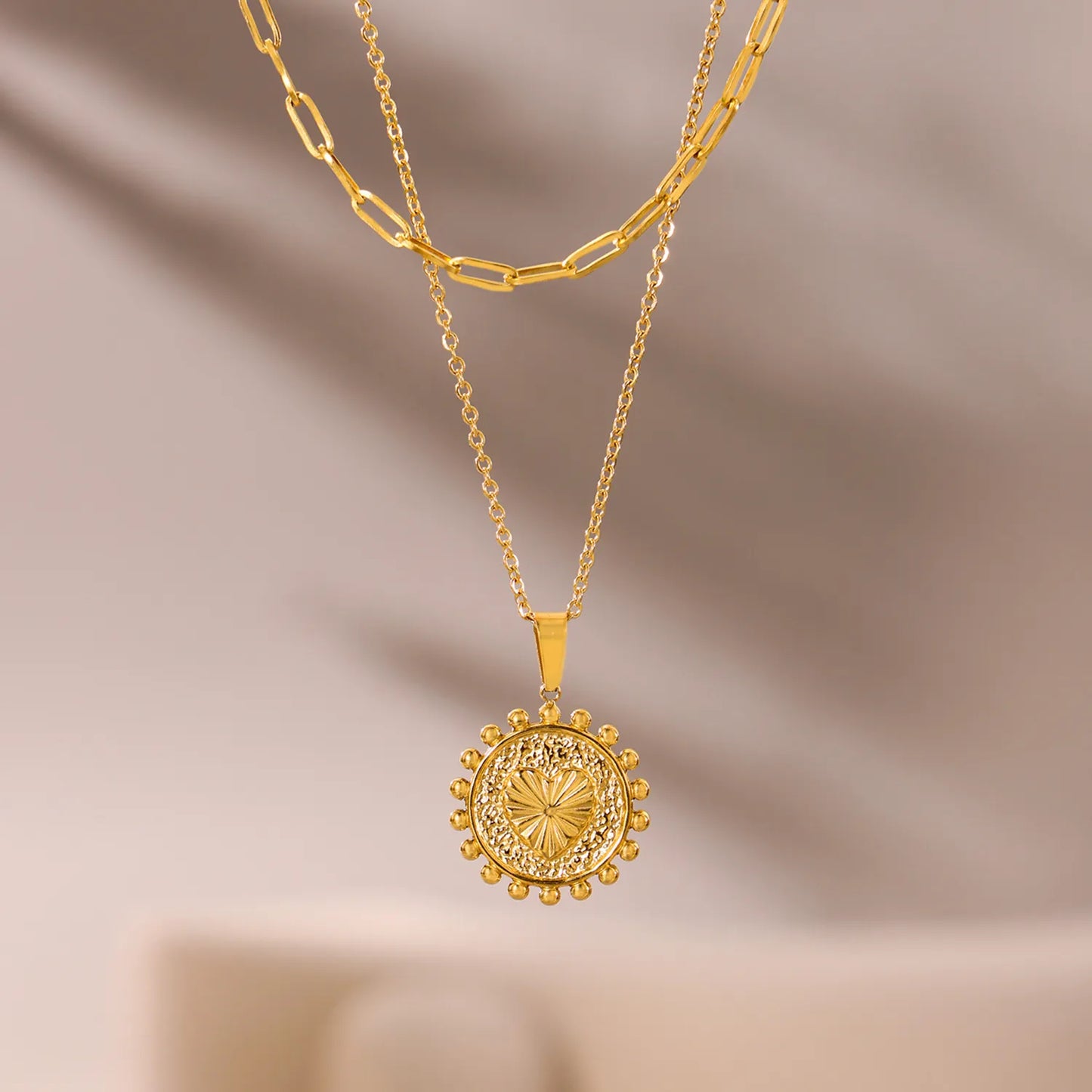 Bulk PVD Gold Relief-Textured Sun Medallion Layered Necklace