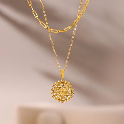 Bulk PVD Gold Relief-Textured Sun Medallion Layered Necklace