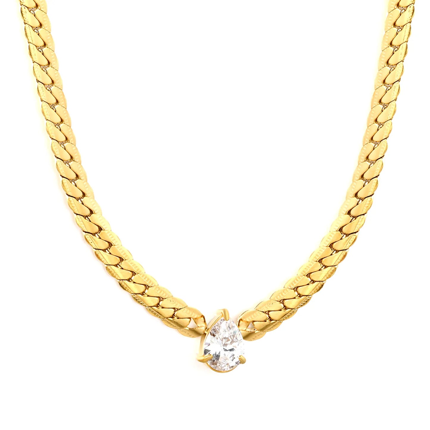 Wholesale Waterproof PVD Gold Pear-Cut Zircon Sculpted Cuban Necklace