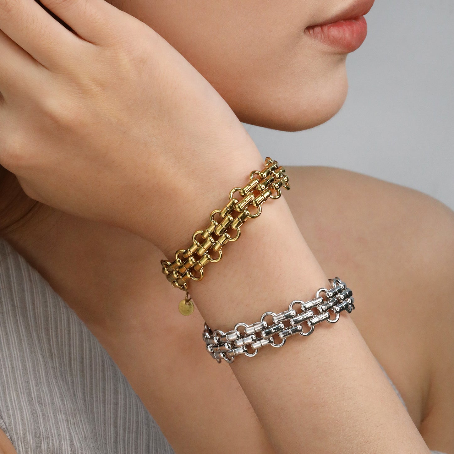 Wholesale Waterproof PVD Gold Double Weave Chunky Statement Bracelet