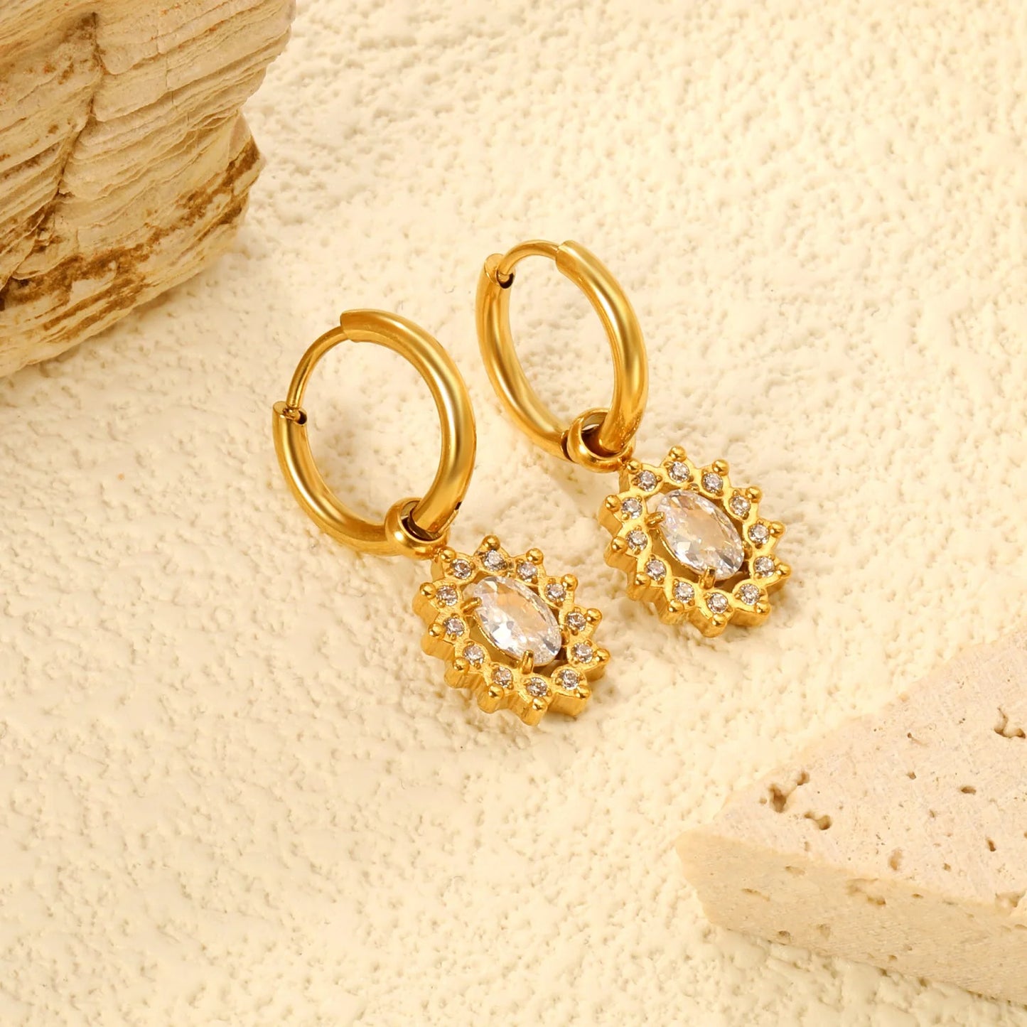 Bulk Stainless Steel Sunflower Earrings | Oval Zircon Halo Hoops