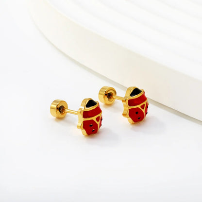 12 Pairs Cute Ladybug Enamel Studs | Waterproof Gold Kids & Girl Piercing