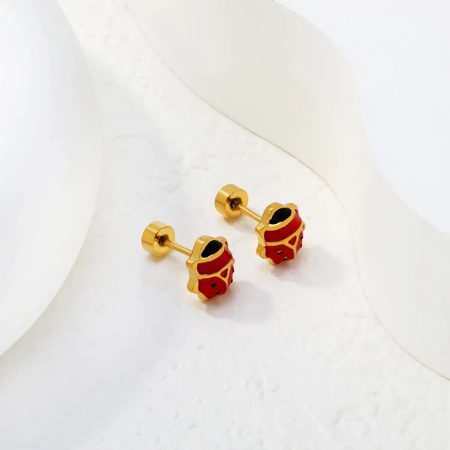 12 Pairs Cute Ladybug Enamel Studs | Waterproof Gold Kids & Girl Piercing