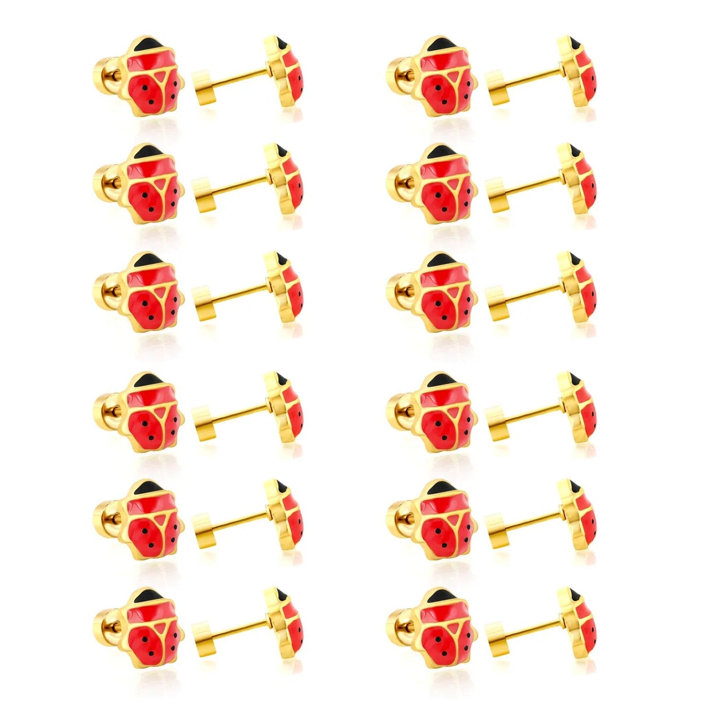 12 Pairs Cute Ladybug Enamel Studs | Waterproof Gold Kids & Girl Piercing