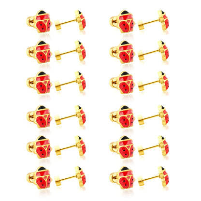 12 Pairs Cute Ladybug Enamel Studs | Waterproof Gold Kids & Girl Piercing