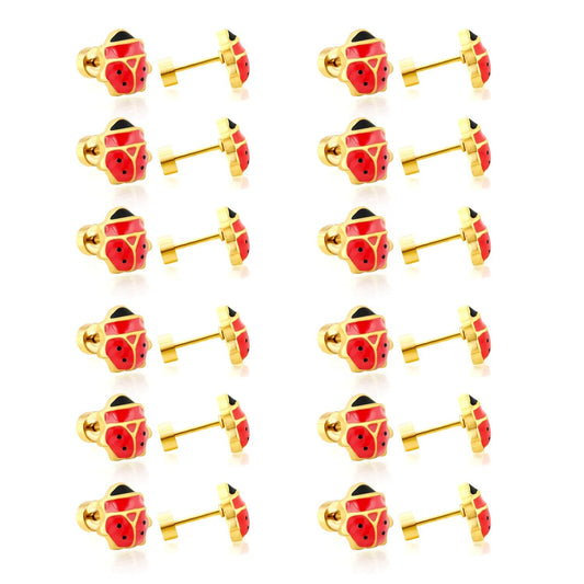12 Pairs Cute Ladybug Enamel Studs | Waterproof Gold Kids & Girl Piercing