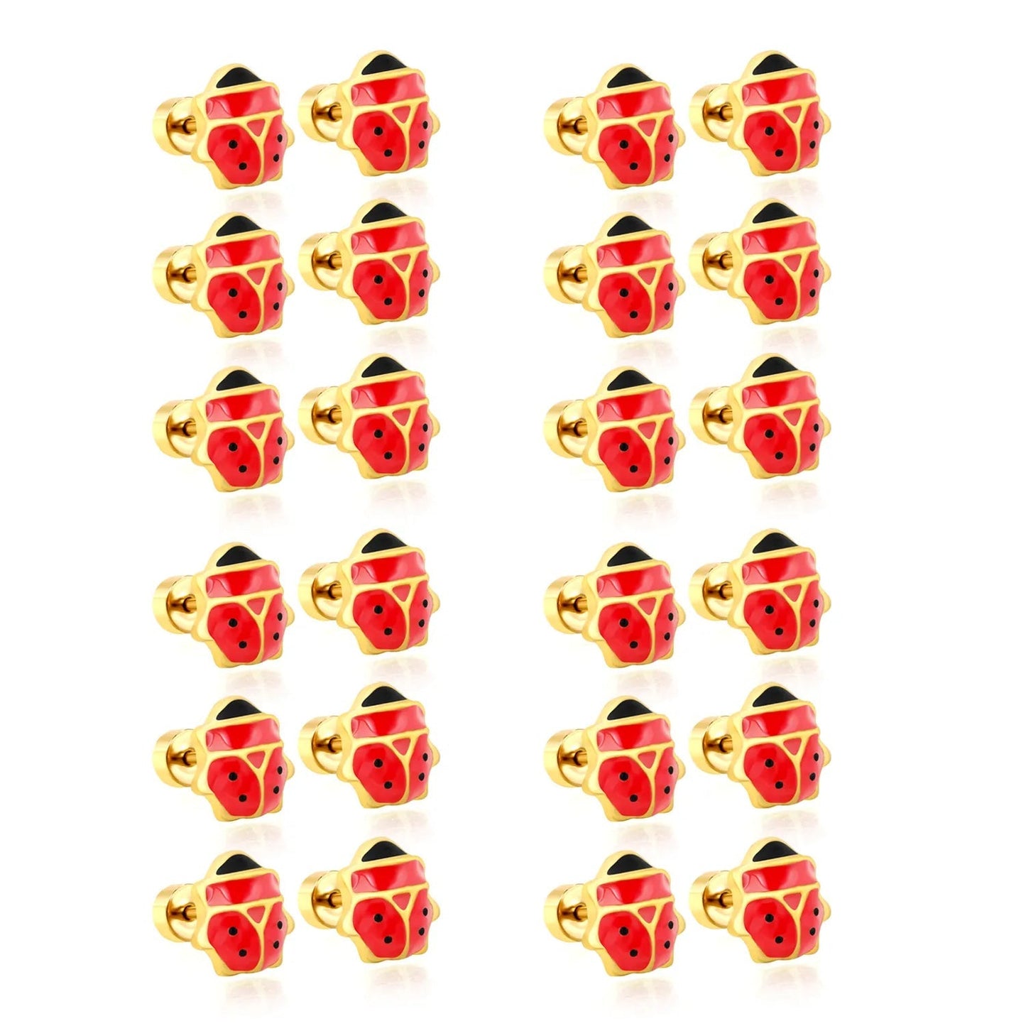 12 Pairs Cute Ladybug Enamel Studs | Waterproof Gold Kids & Girl Piercing