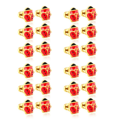 12 Pairs Cute Ladybug Enamel Studs | Waterproof Gold Kids & Girl Piercing