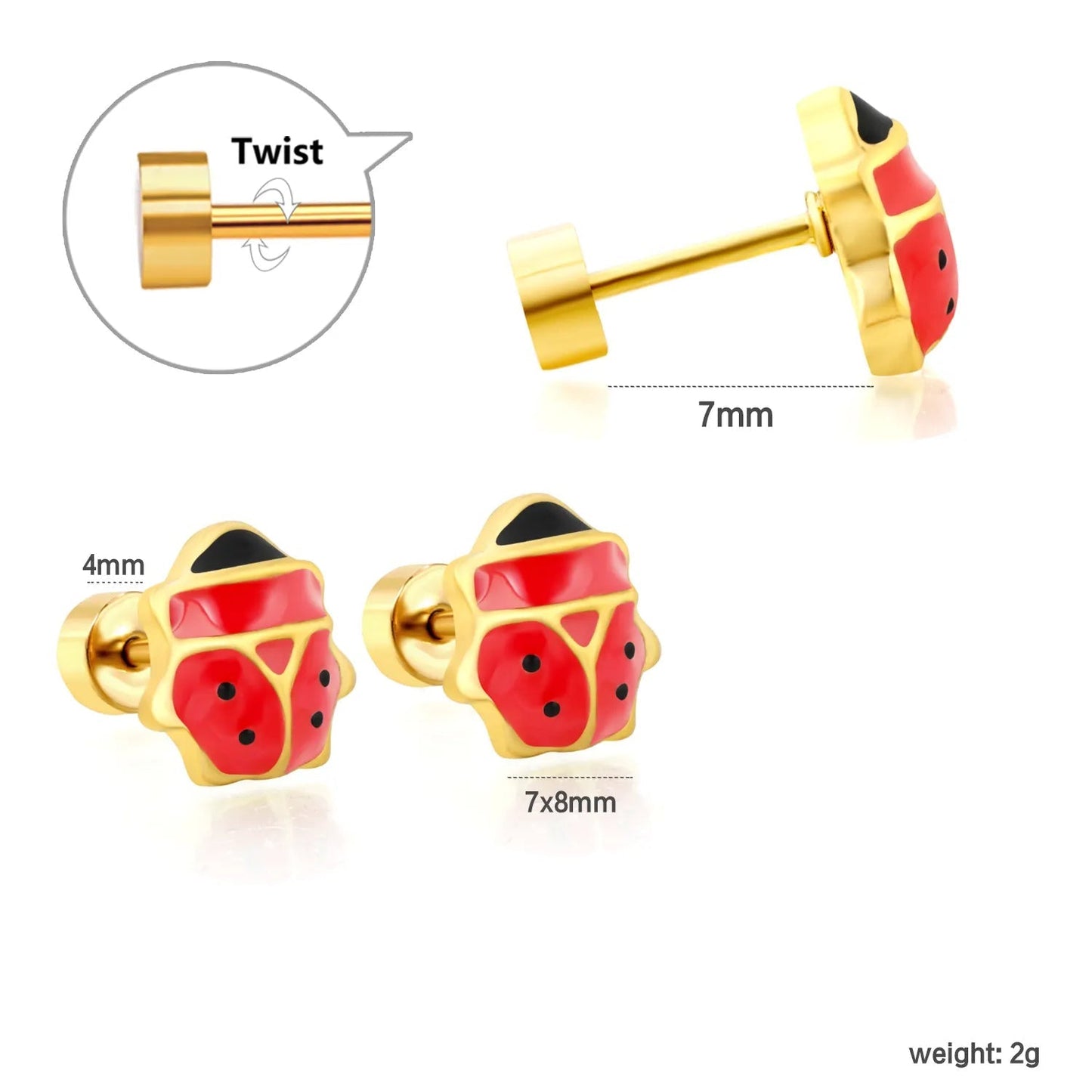 12 Pairs Cute Ladybug Enamel Studs | Waterproof Gold Kids & Girl Piercing