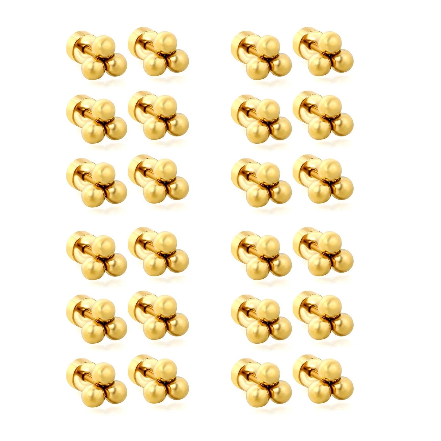 12 Pairs Minimalist Triple-Bead Stainless Steel Stud Earrings with Flat Backs