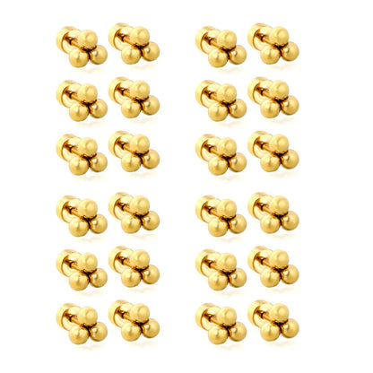 12 Pairs Minimalist Triple-Bead Stainless Steel Stud Earrings with Flat Backs