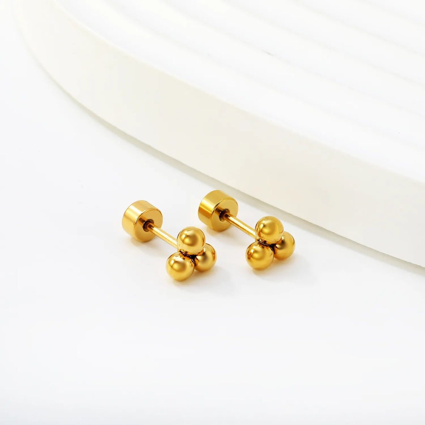 12 Pairs Minimalist Triple-Bead Stainless Steel Stud Earrings with Flat Backs