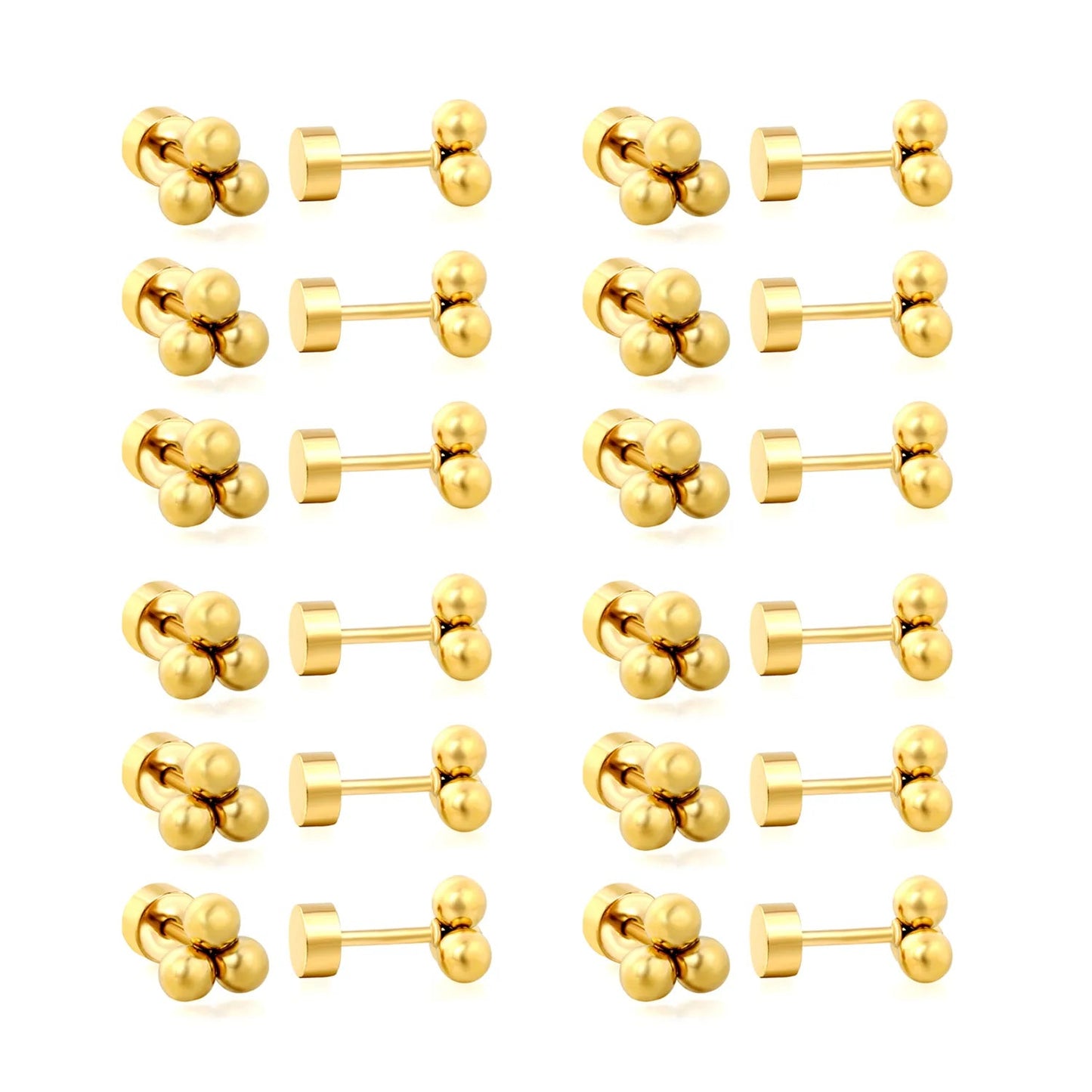 12 Pairs Minimalist Triple-Bead Stainless Steel Stud Earrings with Flat Backs