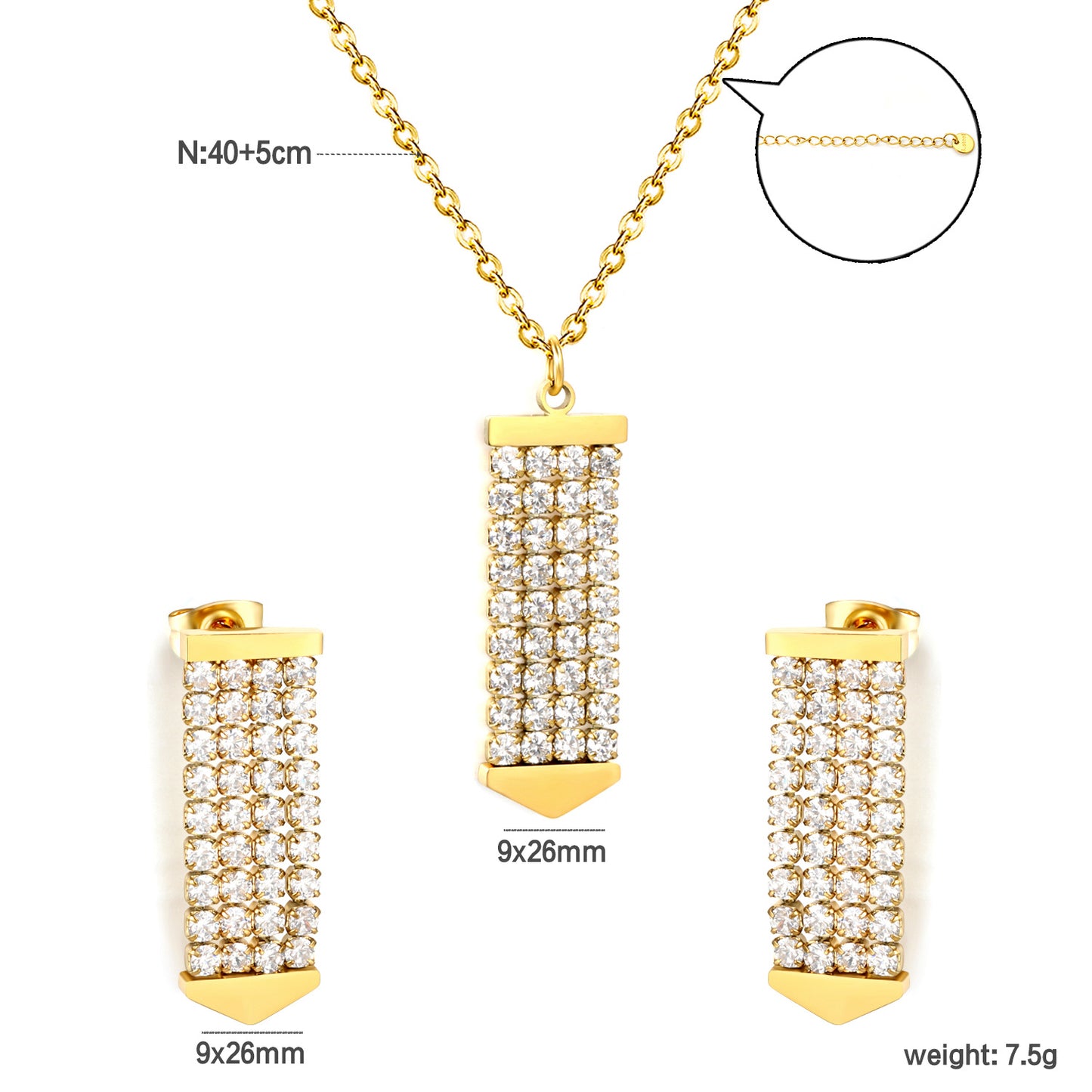 Factory Direct 304L Steel Arrow Pendant Set Hypoallergenic CZ Necklace & Earrings