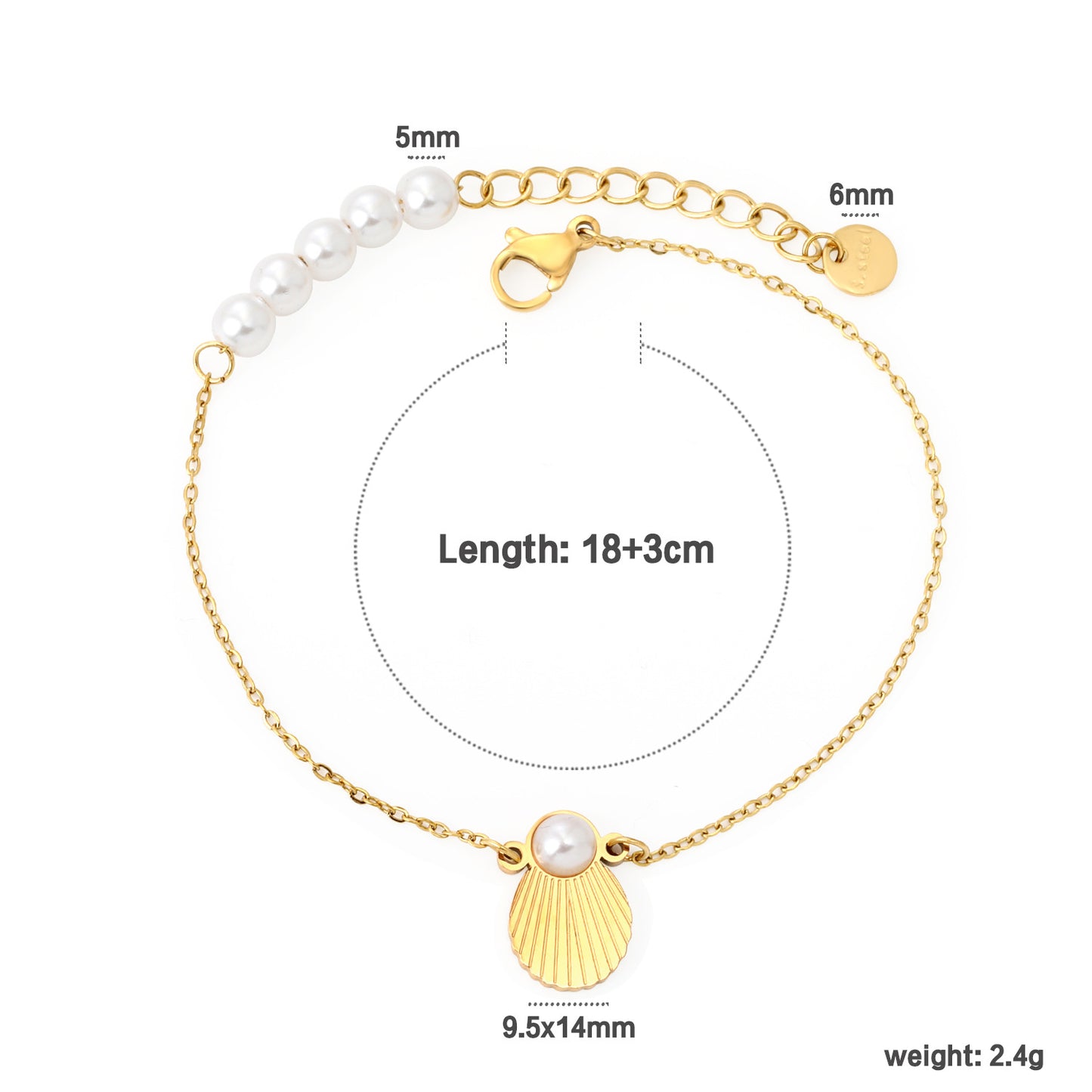 Wholesale Waterproof PVD Gold Pearl & Sculpted Shell Dainty Bracelet