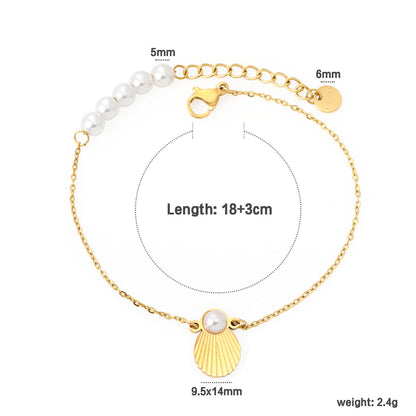 Wholesale Waterproof PVD Gold Pearl & Sculpted Shell Dainty Bracelet