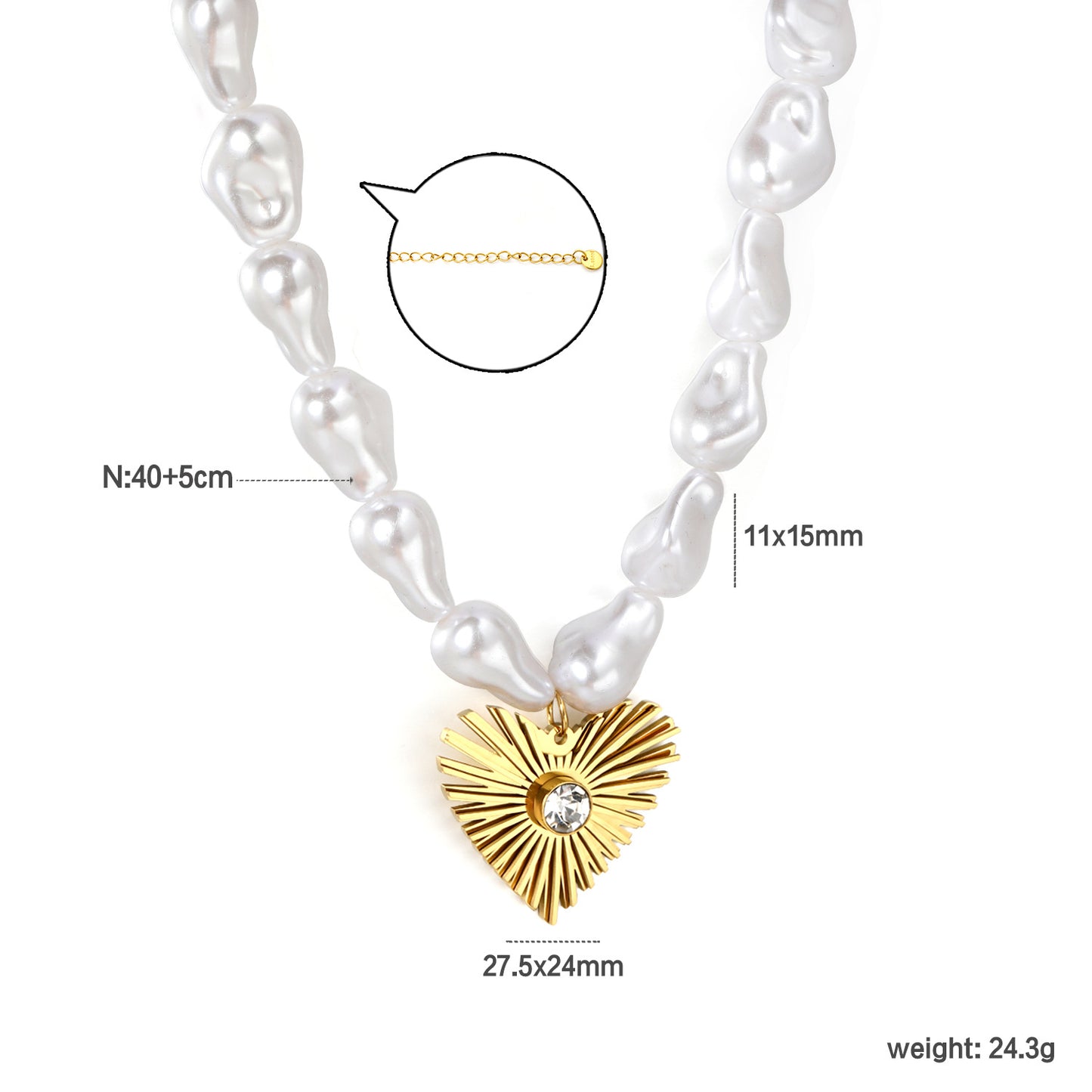 Waterproof 304L Stainless Steel Gold Heart Pearl Necklace
