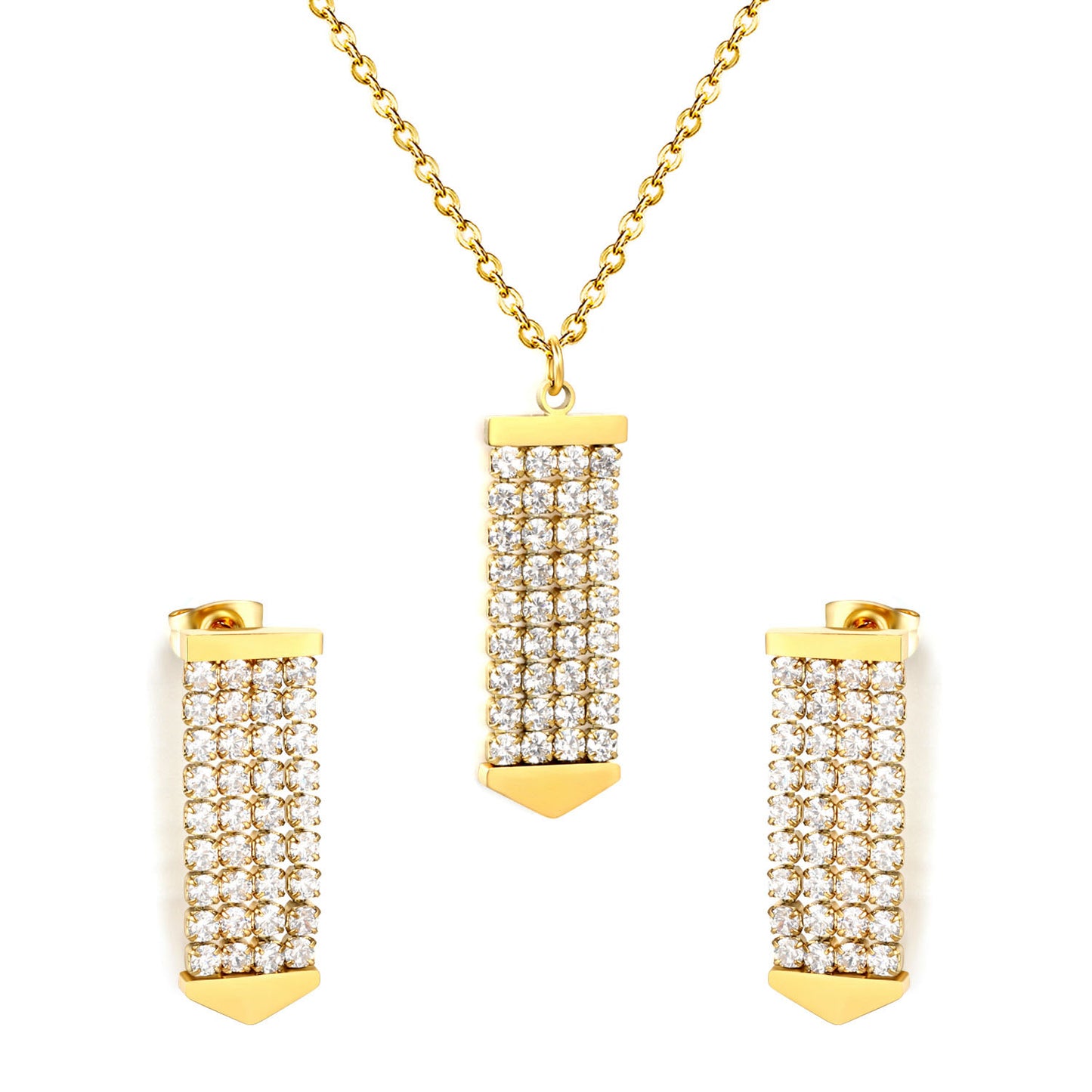 Factory Direct 304L Steel Arrow Pendant Set Hypoallergenic CZ Necklace & Earrings