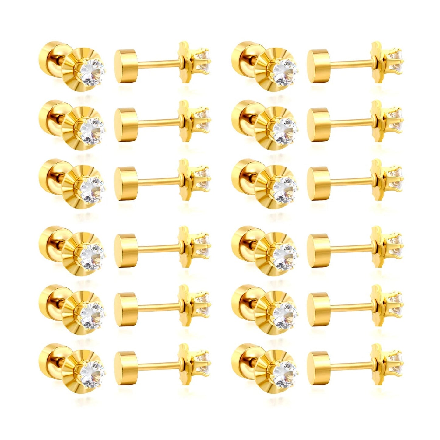 12 pairs of single-stone cubic zirconia flat-back stainless steel stud earrings