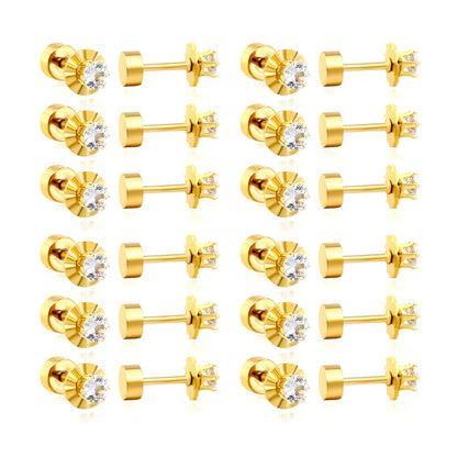 12 pairs of single-stone cubic zirconia flat-back stainless steel stud earrings