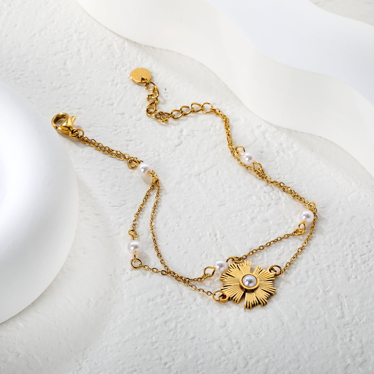 Bulk PVD Gold Double Layer Sunflower Pearl Inlay Bracelet