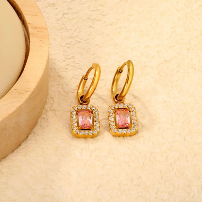 Tarnish-Free 304L Stainless Steel Earrings | Pink Square Halo Hoops