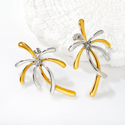 Wholesale Waterproof PVD Gold/Silver Sculpted Palm Tree Studs