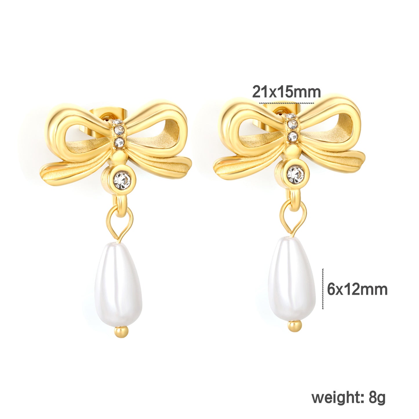 Bulk PVD Gold Sculpted Bowknot & Shell Pearl Drop Studs